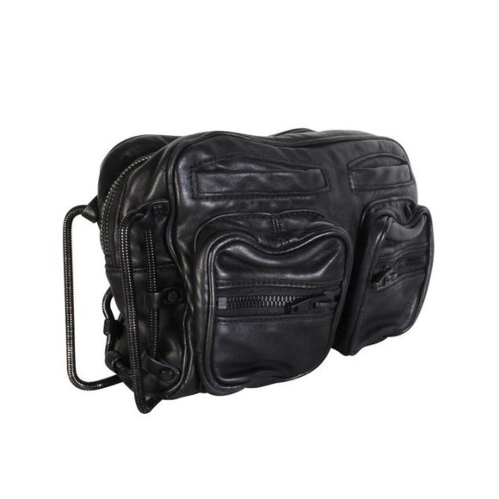 Alexander Wang Brenda Leather Shoulder Bag with Front Zip Pockets Black on Black